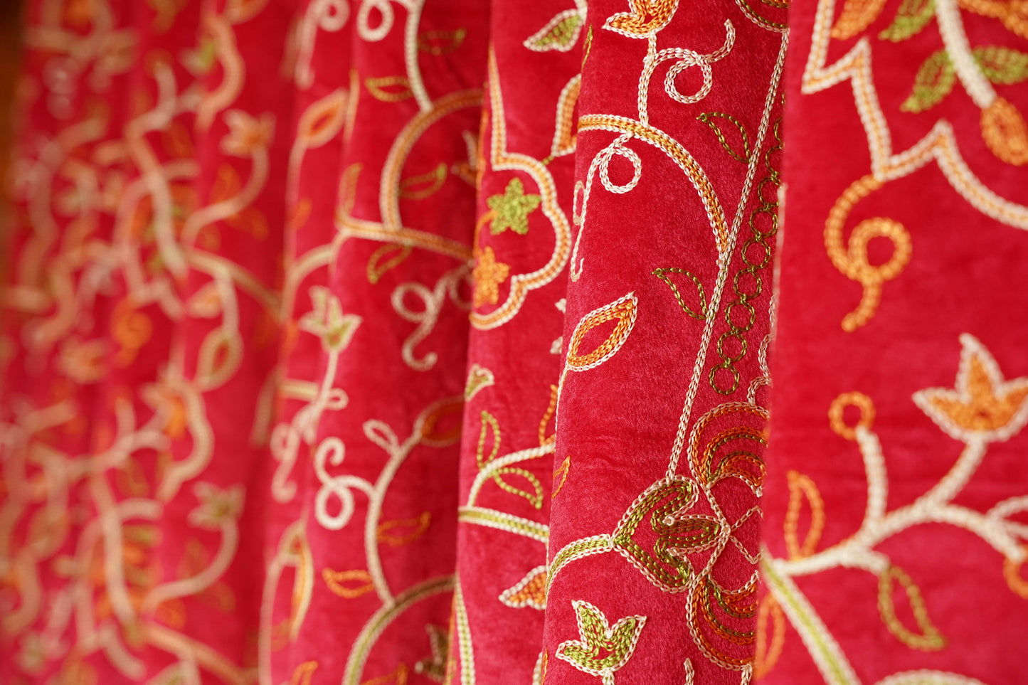 Red Velvet Curtain with Crewel Embroidery โ 4ft x 7.5ft, Pack of 2 - Homes and Company