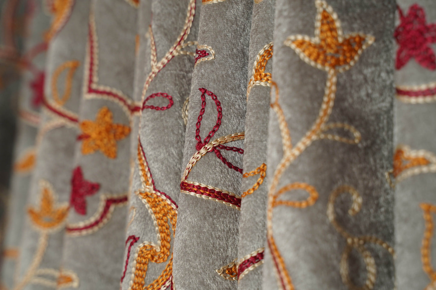 Grey Velvet Curtain with Crewel Embroidery โ 4ft x 7.5ft, Pack of 2 - Homes and Company