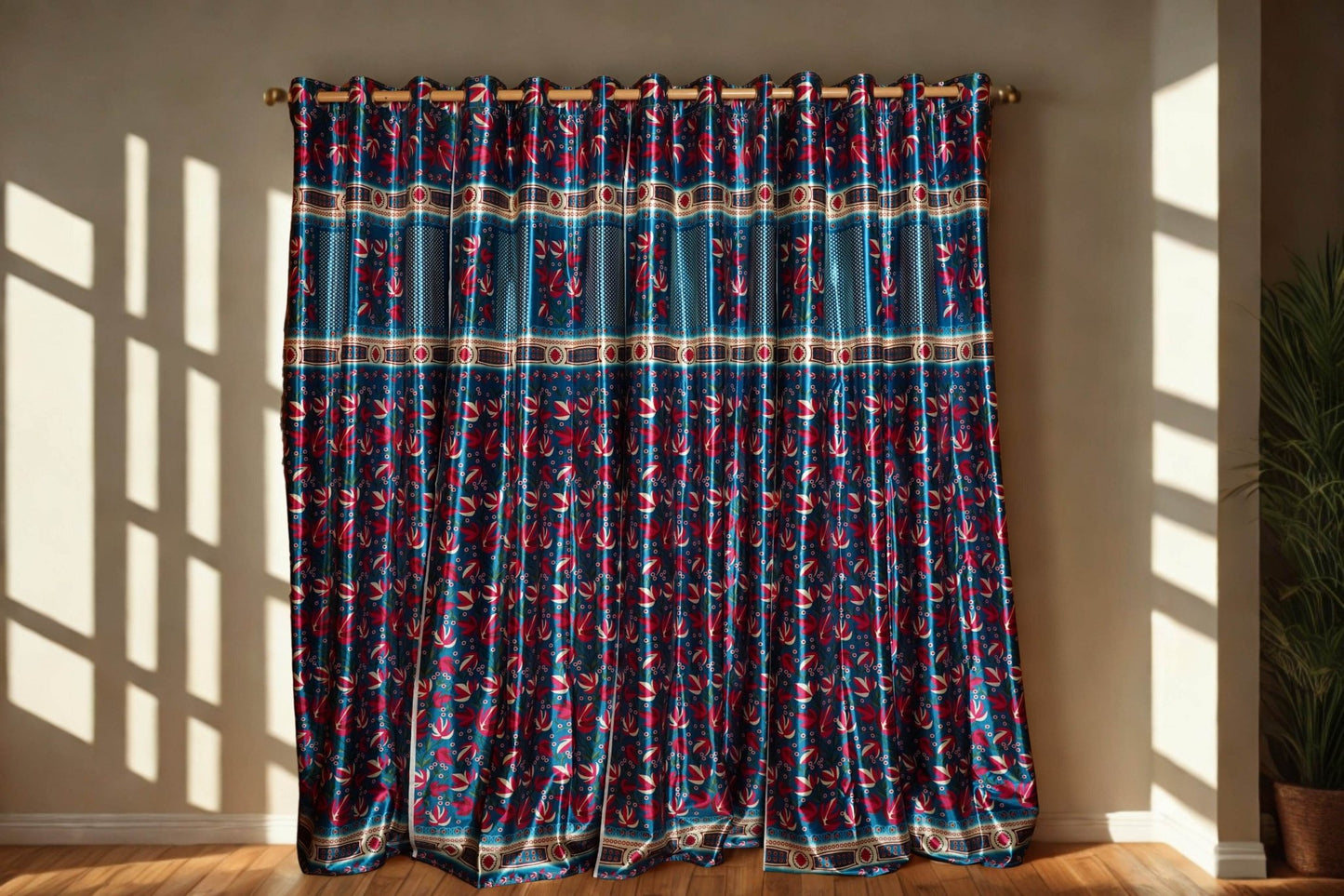Blue Curtain with Heavy Digital Crewel Print โ 4ft x 7.5ft, Pack of 2 (Buy 2 for a complete window look) - Homes and Company