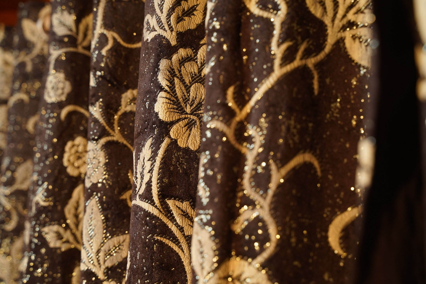 Coffee Velvet Curtain for Living Room – Floral Design - 4x7.5 Ft - Eyelet(rings) - Soft Premium | Pack of 2 - Homes and Company