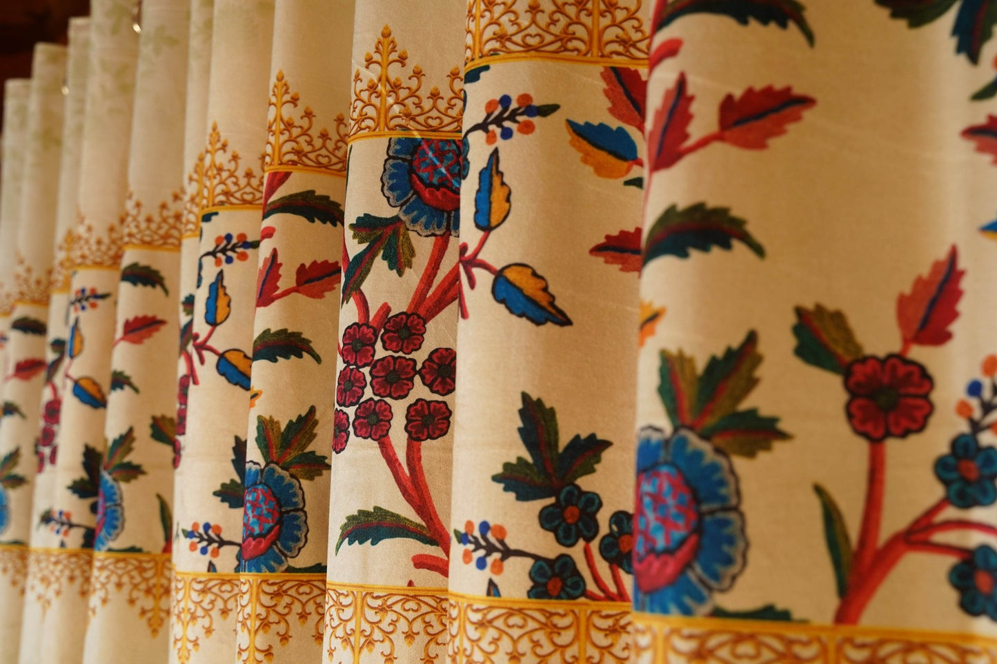 Cream Velvet Curtain with Multicolor Crewel Print โ Pack of 2 - Homes and Company