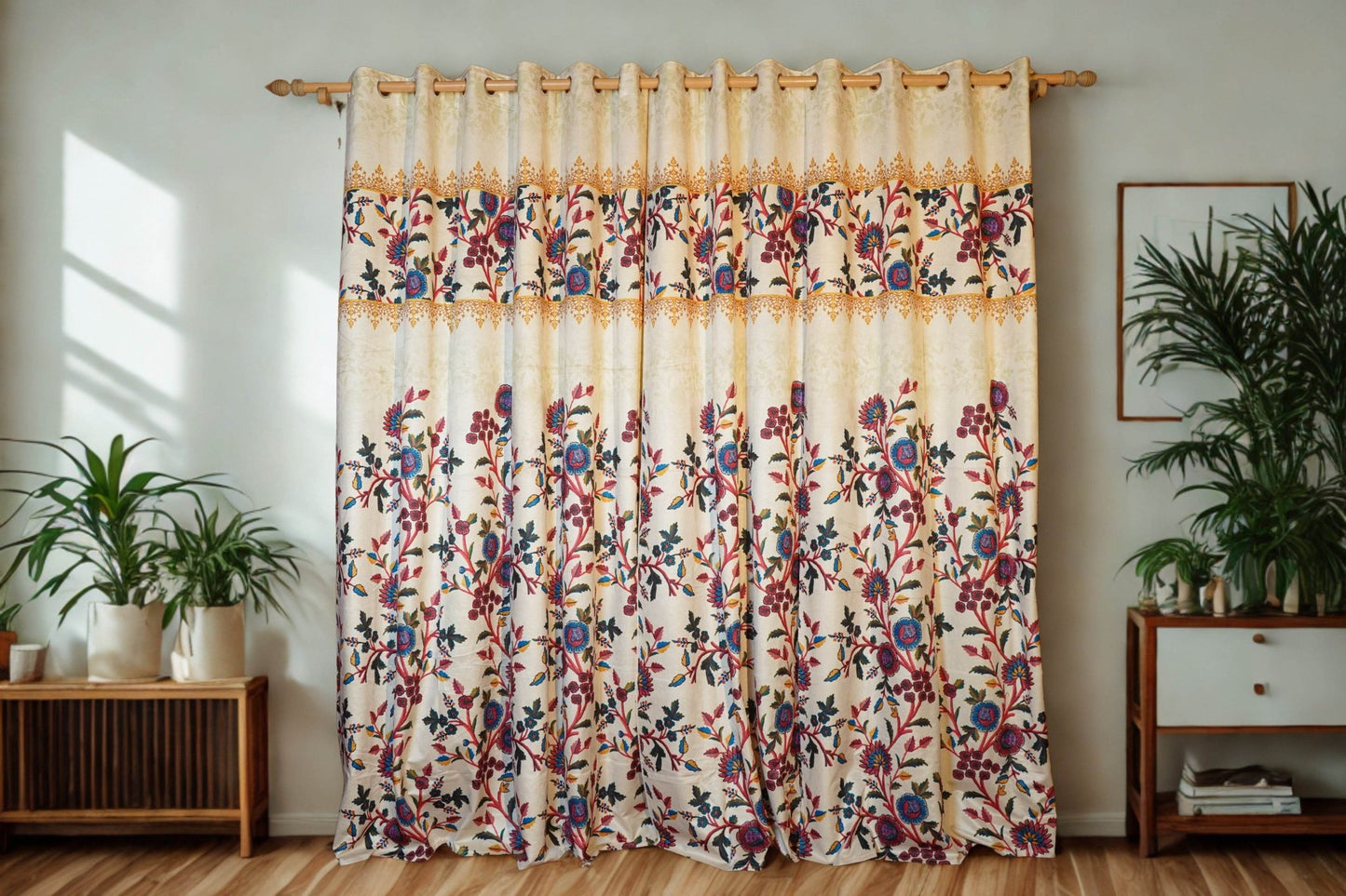 Cream Velvet Curtain with Multicolor Crewel Print โ Pack of 2 - Homes and Company