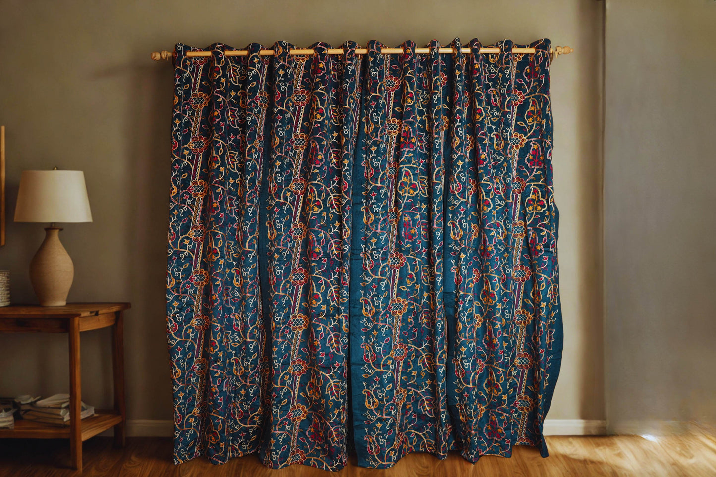 Green Velvet Curtain with Crewel Embroidery – 4ft x 7.5ft, Pack of 2 - Homes and Company