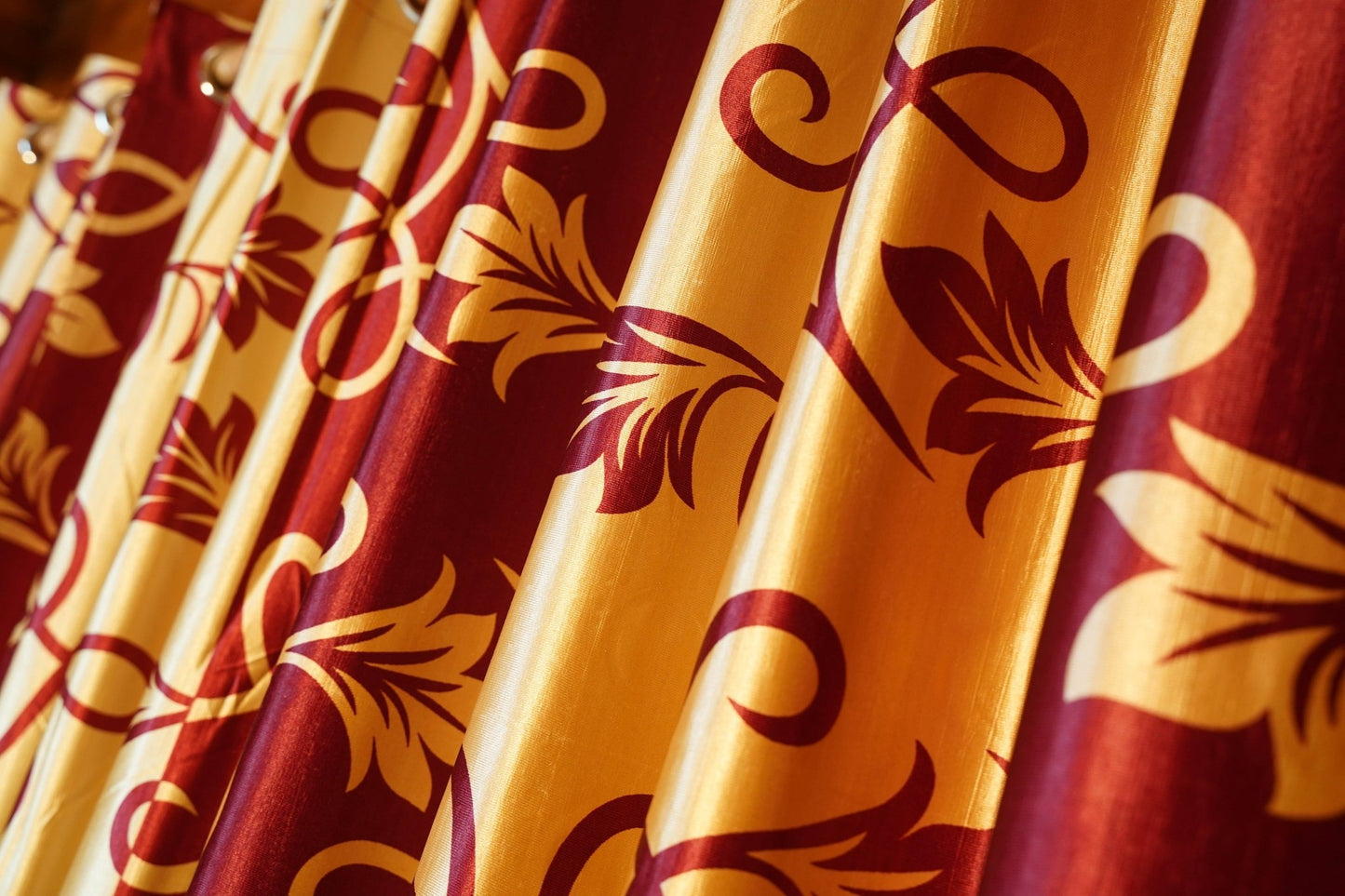 Golden & Maroon Floral Curtain | Dual - Tone Elegance | Eyelet Top | 4 x 7.5 Ft | Pack of 2 - Homes and Company