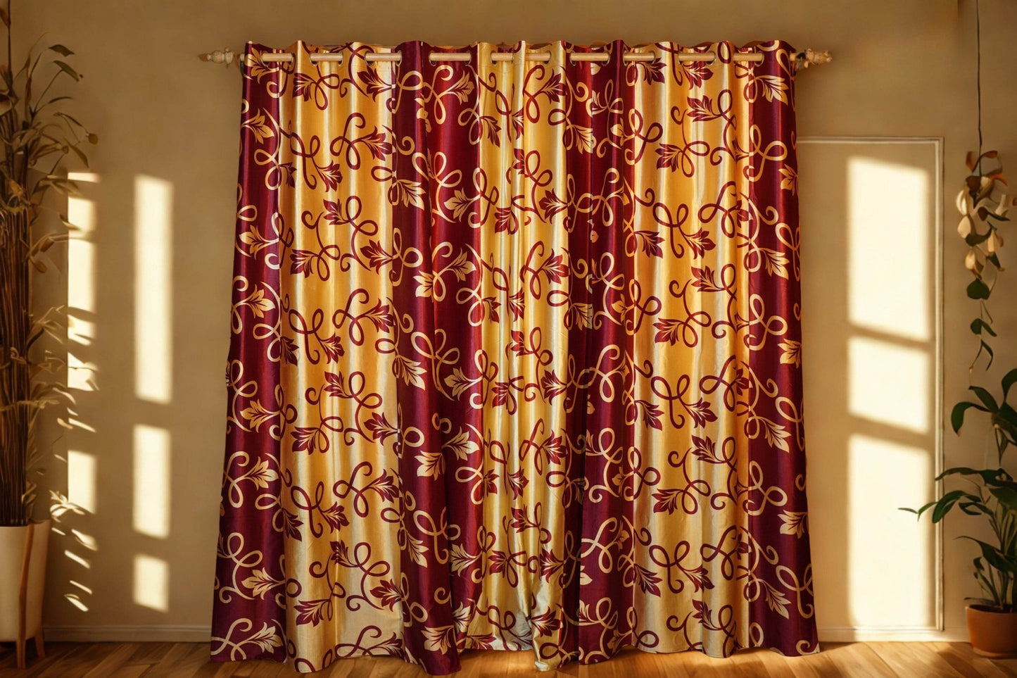Golden & Maroon Floral Curtain | Dual - Tone Elegance | Eyelet Top | 4 x 7.5 Ft | Pack of 2 - Homes and Company
