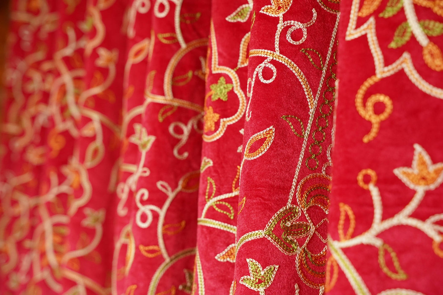 Red Velvet Curtain with Crewel Embroidery โ 4ft x 7.5ft, Pack of 2 - Homes and Company