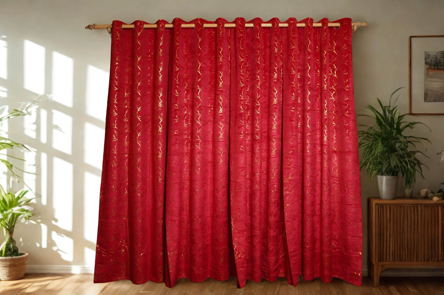 Red Velvet Curtain with Golden Foil Print โ 4ft x 7.5ft, Pack of 2 (Buy 2 for a complete window look) - Homes and Company
