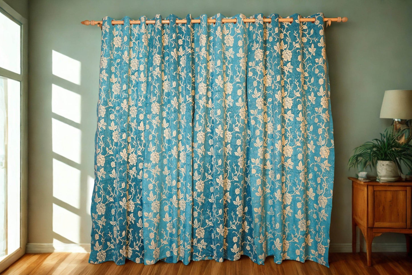 Turquoise Blue Floral Velvet Curtain – Soft Luxury for Living Rooms - 4x7.5 Ft - Eyelet - |Pack of 2 - Homes and Company