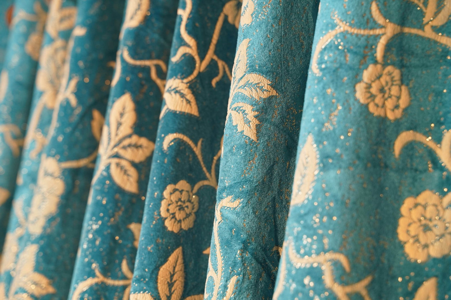 Turquoise Blue Floral Velvet Curtain – Soft Luxury for Living Rooms - 4x7.5 Ft - Eyelet - |Pack of 2 - Homes and Company