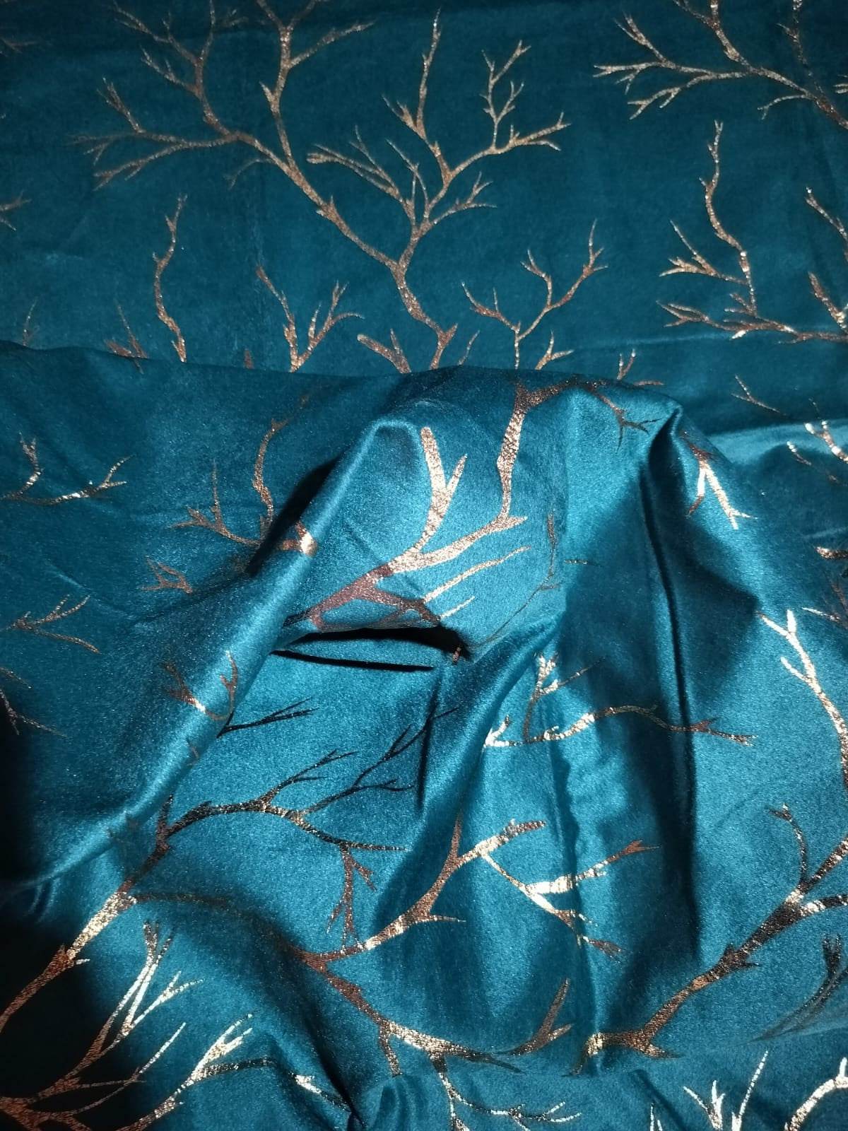 Turquoise Velvet Curtain with Gold Foil Print | Soft Finish | Pack of 2 - Homes and Company