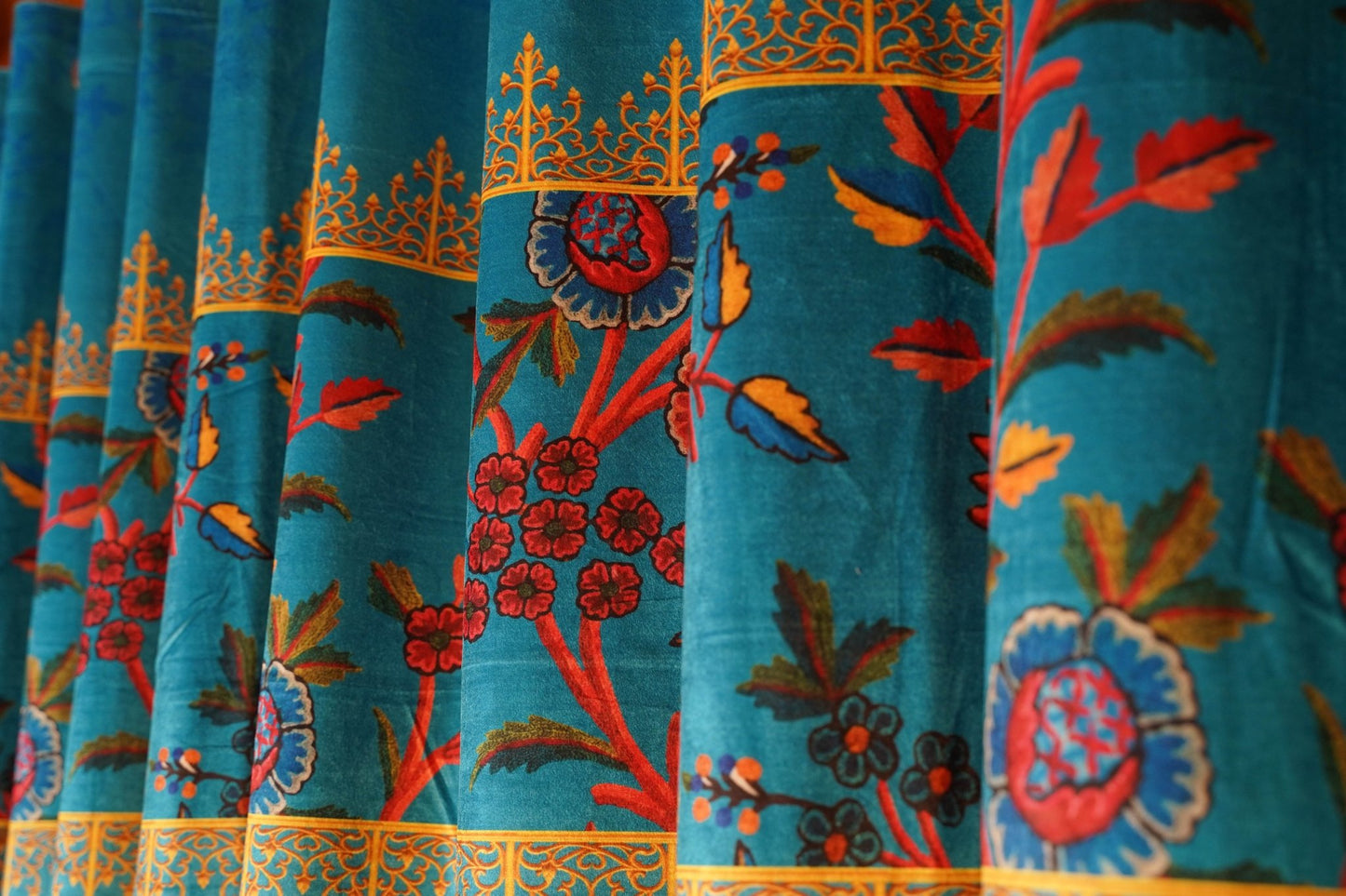 Turquoise Velvet Curtain with Multicolor Crewel Print โ Pack of 2 - Homes and Company
