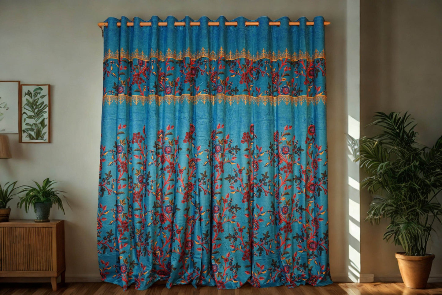 Turquoise Velvet Curtain with Multicolor Crewel Print โ Pack of 2 - Homes and Company