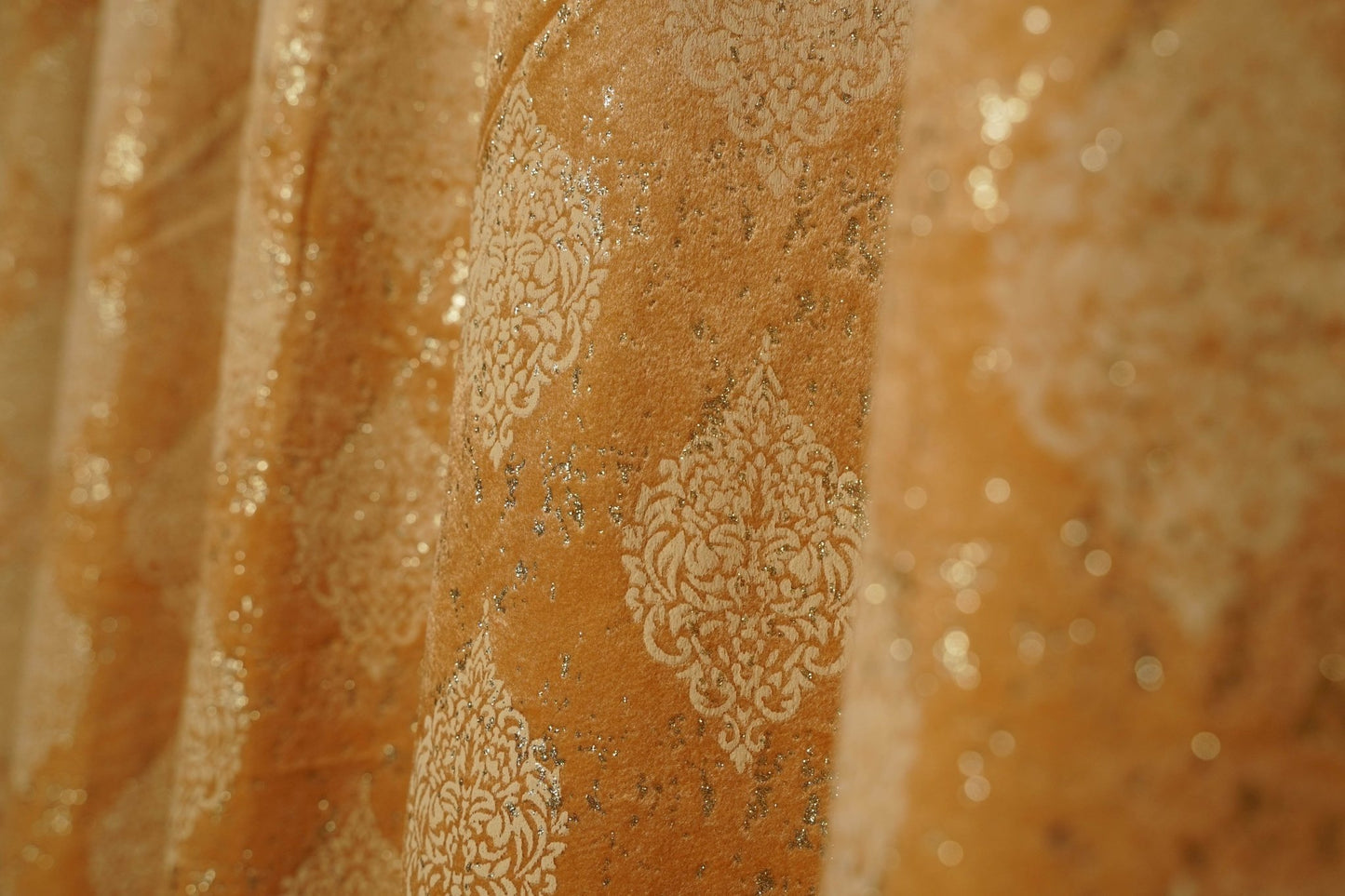 Velvet Curtain in Golden Color Damask Design - 4x7.5 Ft - Eyelet Hanging - |Pack of 2 - Homes and Company