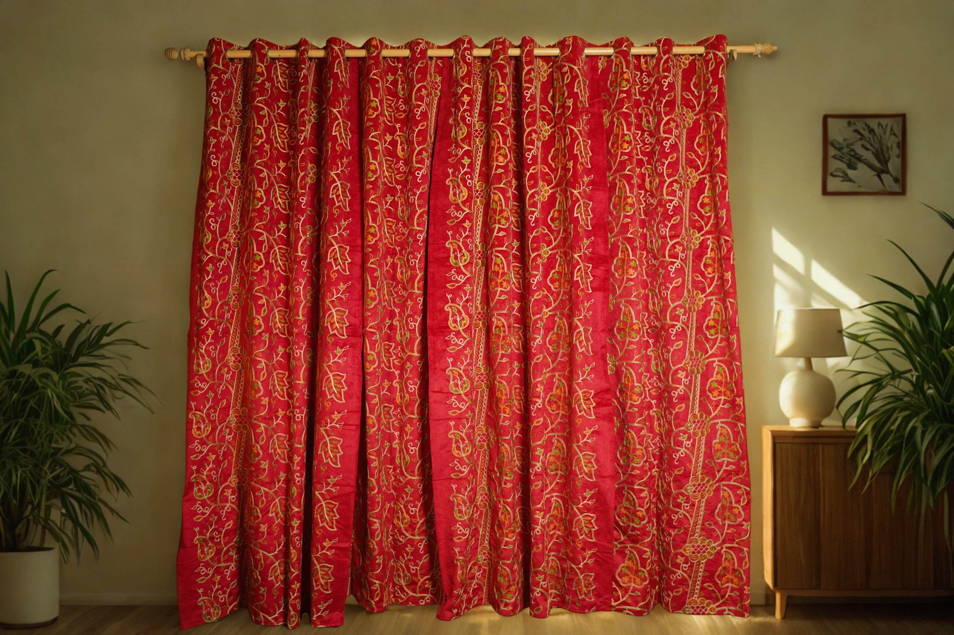 Red Velvet Curtain with Crewel Embroidery – 4ft x 7.5ft, Pack of 2 - Homes and Company
