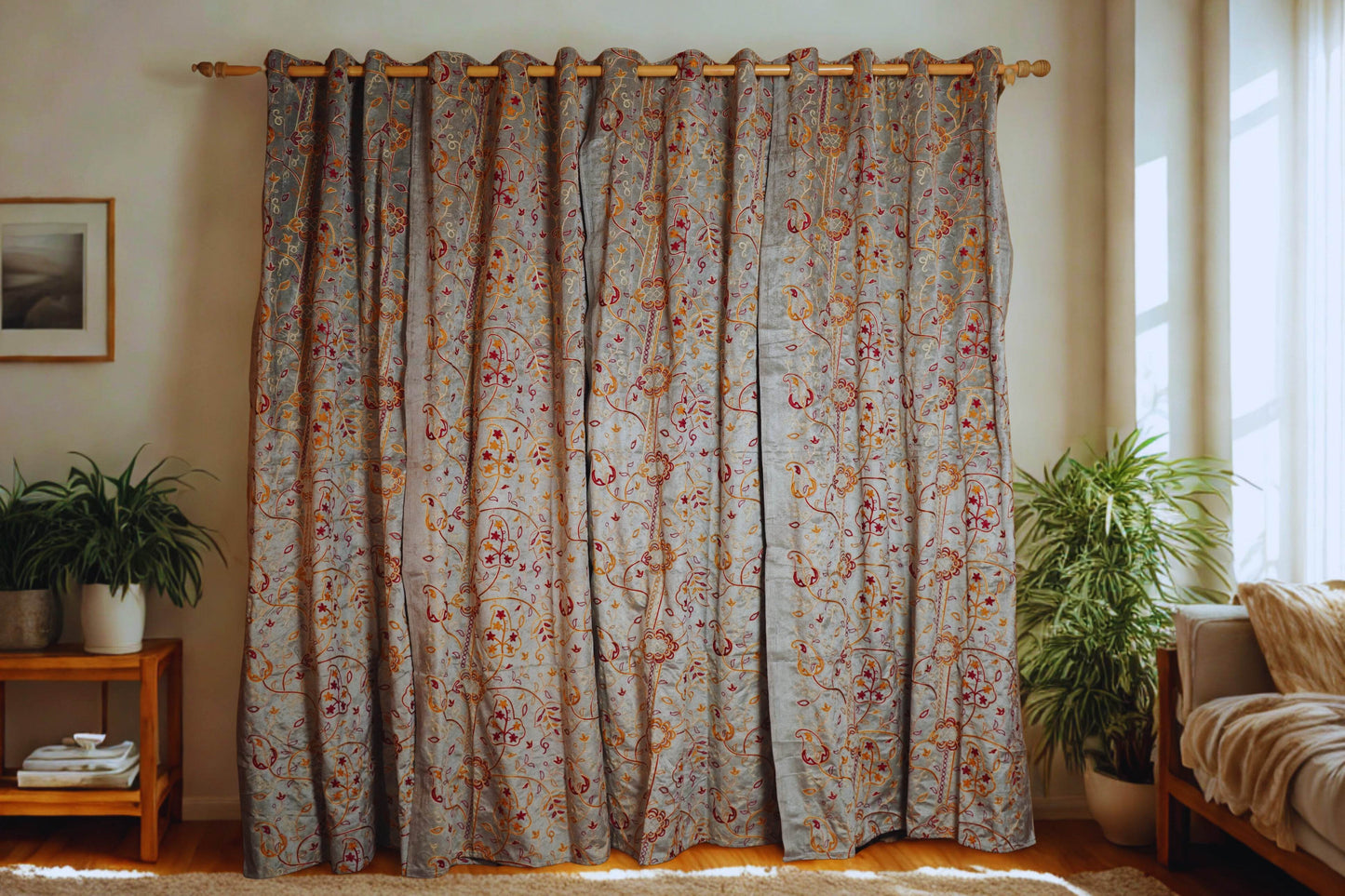 Grey Velvet Curtain with Crewel Embroidery – 4ft x 7.5ft, Pack of 2 - Homes and Company
