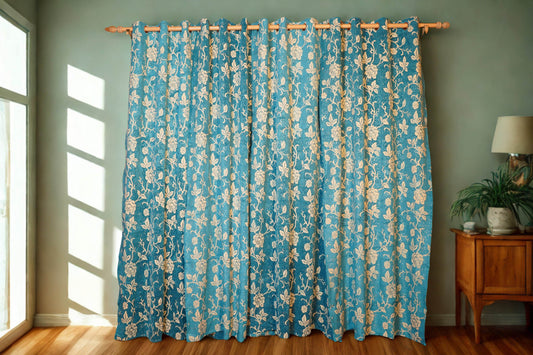 Turquoise Blue Floral Velvet Curtain – Soft Luxury for Living Rooms - 4x7.5 Ft - Eyelet - |Pack of 2 - Homes and Company