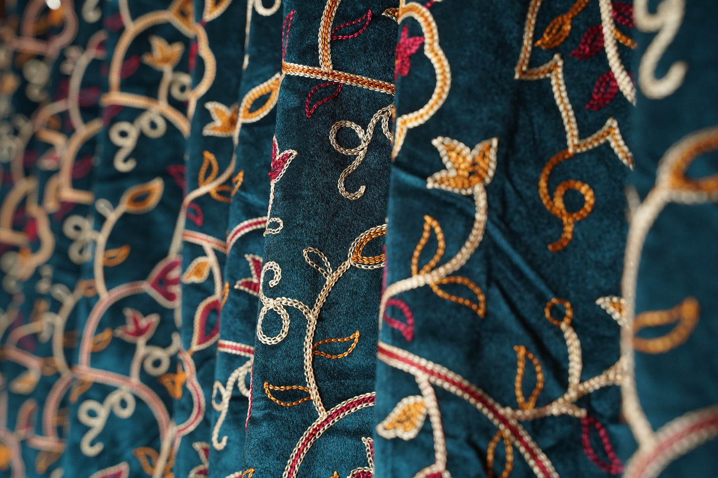 Green Velvet Curtain with Crewel Embroidery – 4ft x 7.5ft, Pack of 2 - Homes and Company
