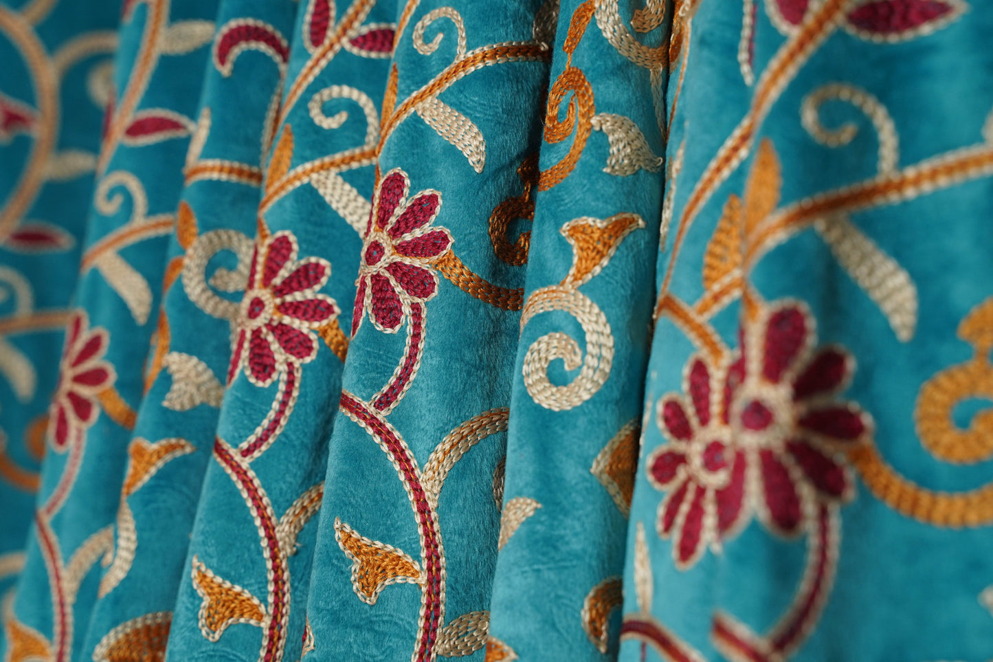 Premium Turquoise Velvet Curtain with Crewel Embroidery & Lining – 5ft x 7.5ft, Pack of 2 - Homes and Company
