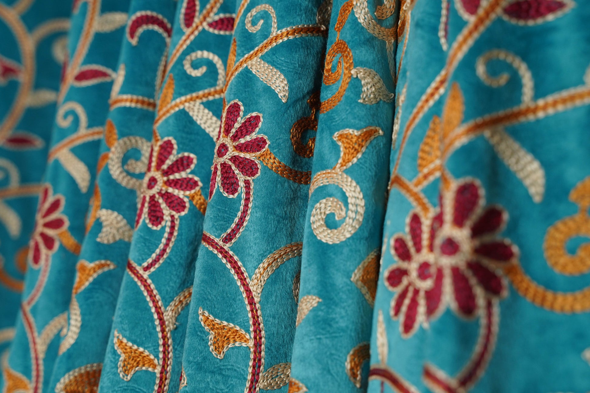 Premium Turquoise Velvet Curtain with Crewel Embroidery & Lining – 5ft x 7.5ft, Pack of 2 - Homes and Company