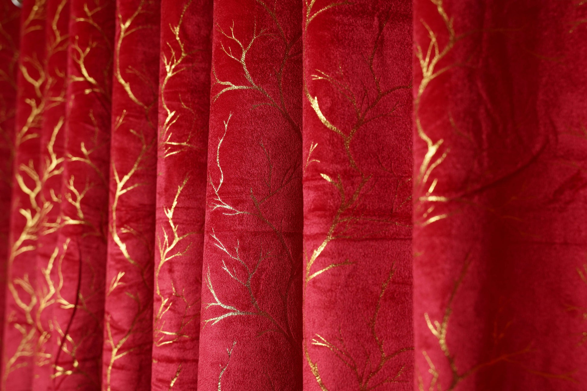 Red Velvet Curtain with Golden Foil Print – 4ft x 7.5ft, Pack of 2 (Buy 2 for a complete window look) - Homes and Company