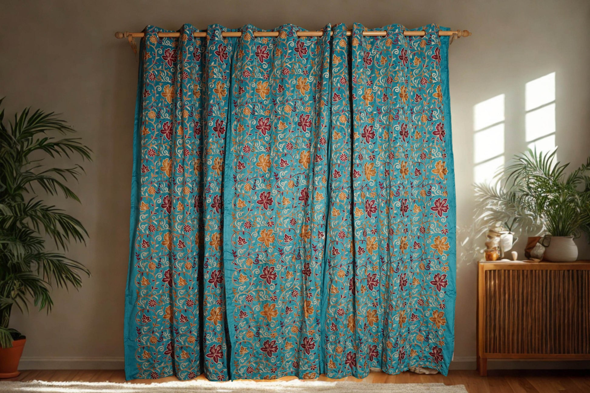 Premium Turquoise Velvet Curtain with Crewel Embroidery & Lining – 5ft x 7.5ft, Pack of 2 - Homes and Company