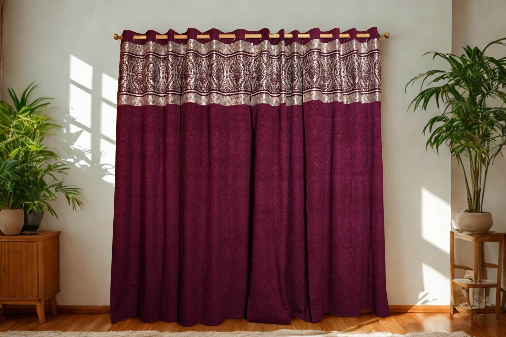 Purple Velvet Curtain with Silver Patch Detail – Pack of 2 - Homes and Company