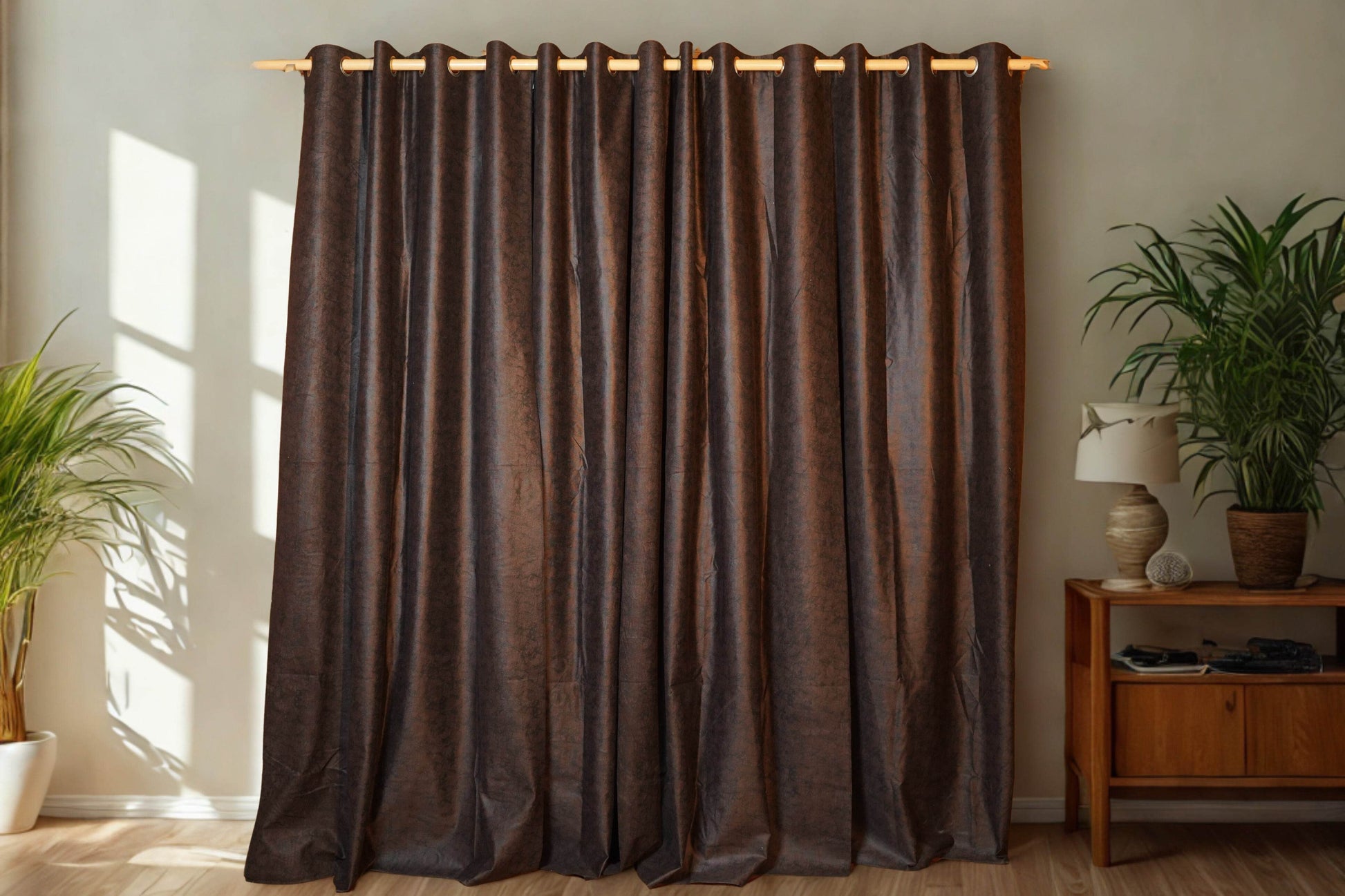 Brown Textured Velvet Curtain – 4ft x 7.5ft, Pack of 2 - Homes and Company