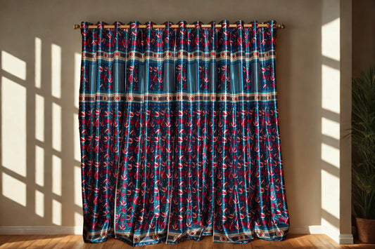 Blue Curtain with Heavy Digital Crewel Print – 4ft x 7.5ft, Pack of 2 (Buy 2 for a complete window look) - Homes and Company