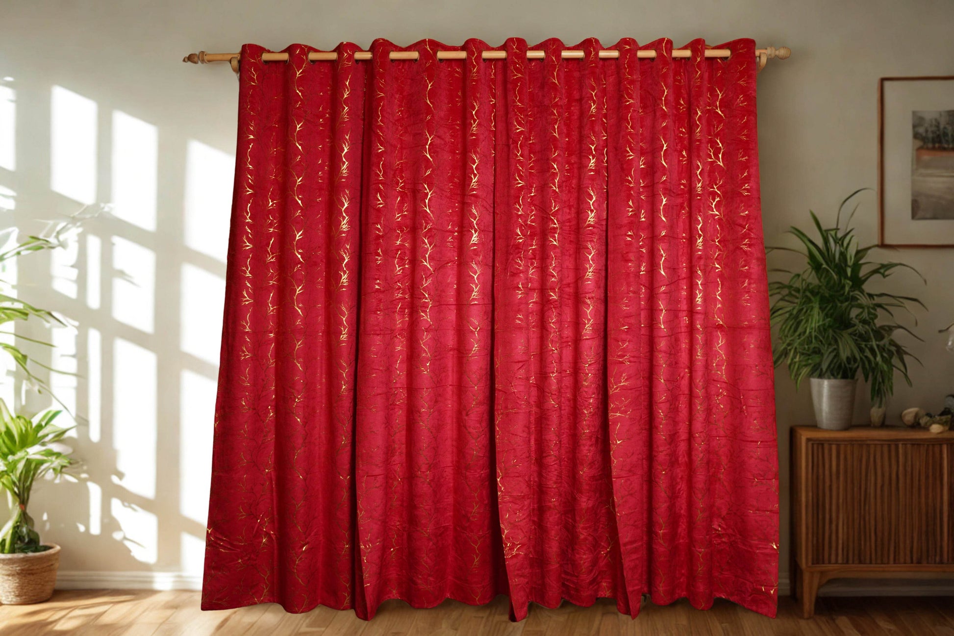 Red Velvet Curtain with Golden Foil Print – 4ft x 7.5ft, Pack of 2 (Buy 2 for a complete window look) - Homes and Company
