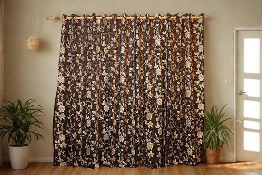 Coffee Velvet Curtain for Living Room – Floral Design - 4x7.5 Ft - Eyelet(rings) - Soft Premium | Pack of 2 - Homes and Company