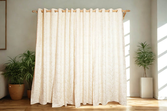 Cream Velvet Curtain with Golden Foil Print – 4ft x 7.5ft, Pack of 2 (Buy 2 for a complete window look) - Homes and Company
