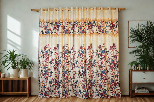 Cream Velvet Curtain with Multicolor Crewel Print – Pack of 2 - Homes and Company