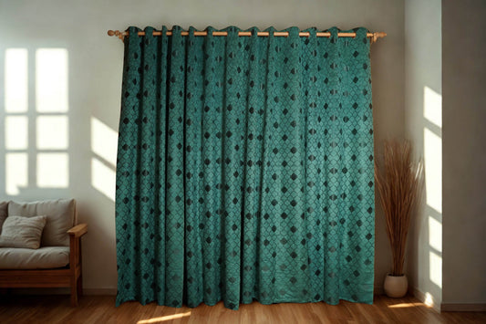 Elegant Olive Green Velvet Curtain with Textured Check Pattern – Surat Made, Pack of 2 - Homes and Company