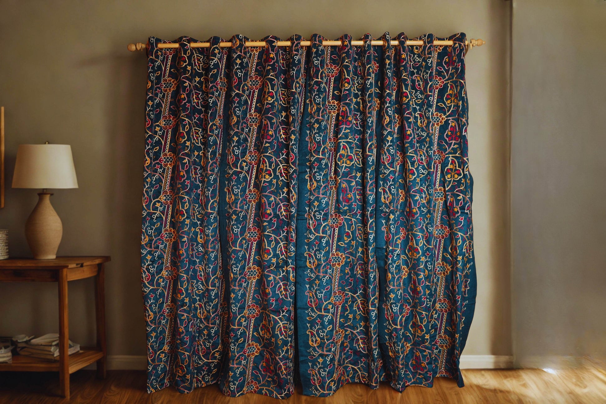 Green Velvet Curtain with Crewel Embroidery – 4ft x 7.5ft, Pack of 2 - Homes and Company