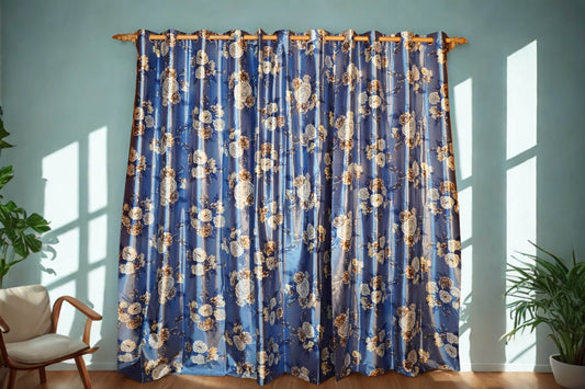 Everyday Blue Curtain | Subtle Floral Design | Easy to Install | Pack of 2 - Homes and Company
