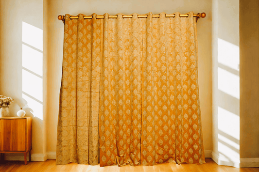 Velvet Curtain in Golden Color Damask Design - 4x7.5 Ft - Eyelet Hanging - |Pack of 2 - Homes and Company