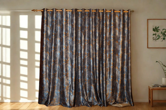Floral Curtain | Deep Silver Finish | 4 x 7.5 Ft |Pack of 2 - Homes and Company