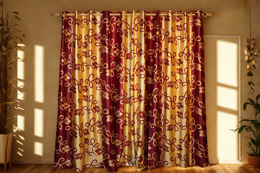 Golden & Maroon Floral Curtain | Dual - Tone Elegance | Eyelet Top | 4 x 7.5 Ft | Pack of 2 - Homes and Company
