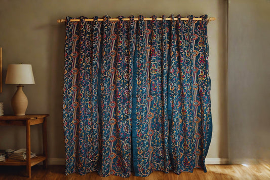 Green Velvet Curtain with Crewel Embroidery – 4ft x 7.5ft, Pack of 2 - Homes and Company