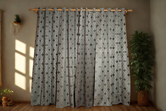 Grey Check Velvet Curtain | 70% Blackout | Textured Look | Pack of 2 - Homes and Company