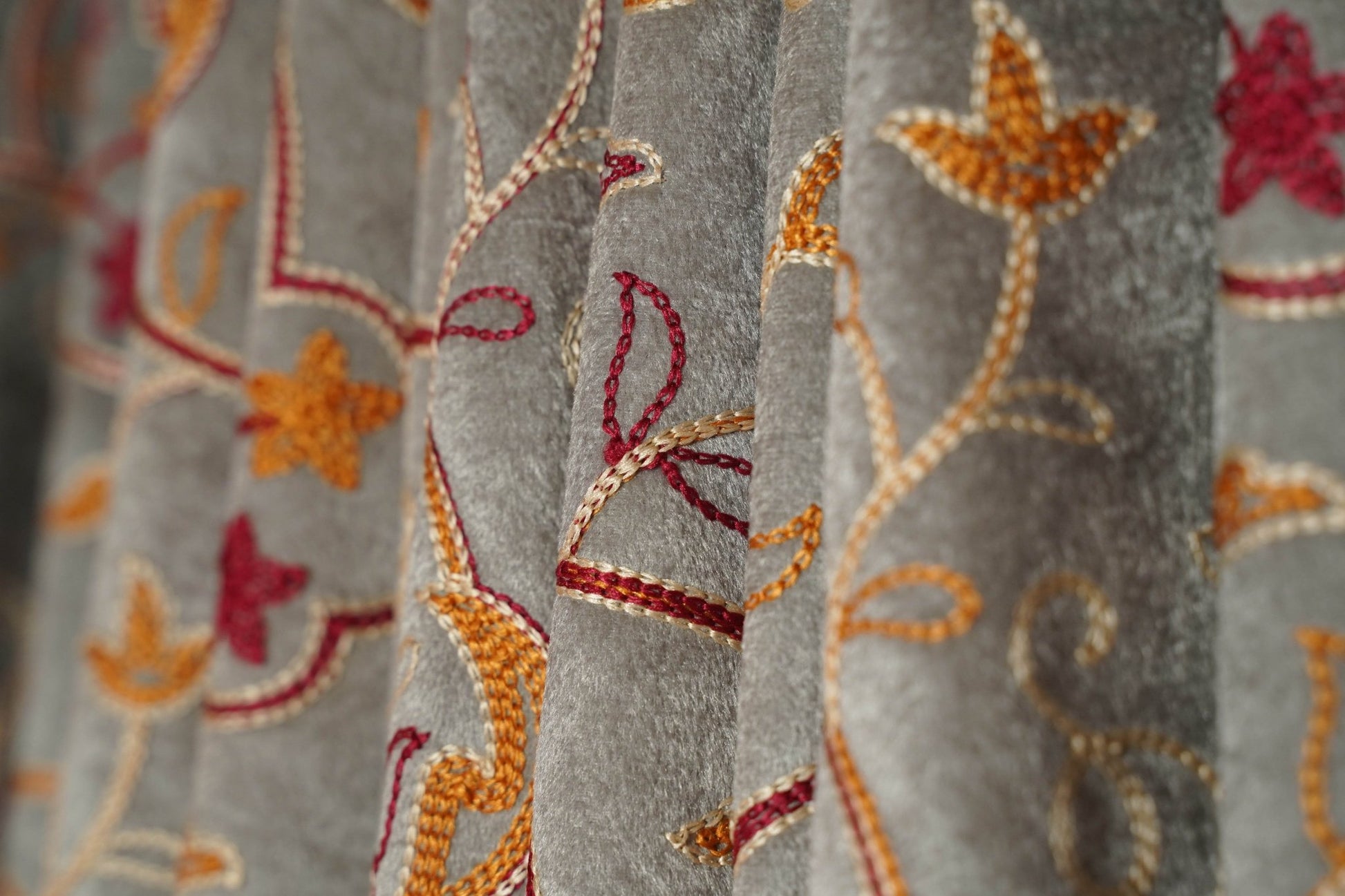 Grey Velvet Curtain with Crewel Embroidery – 4ft x 7.5ft, Pack of 2 - Homes and Company