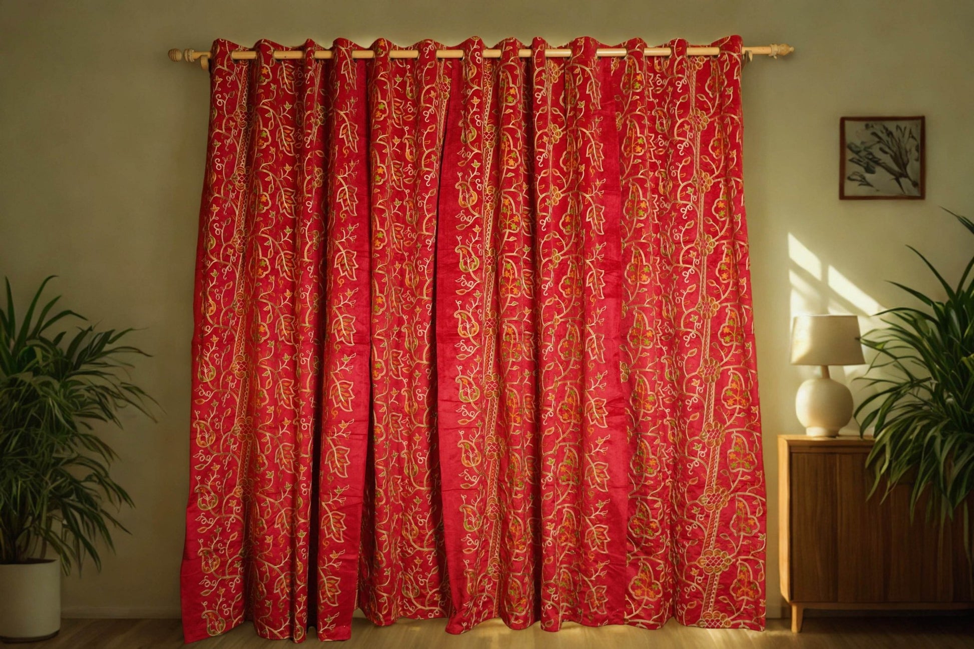 Red Velvet Curtain with Crewel Embroidery – 4ft x 7.5ft, Pack of 2 - Homes and Company