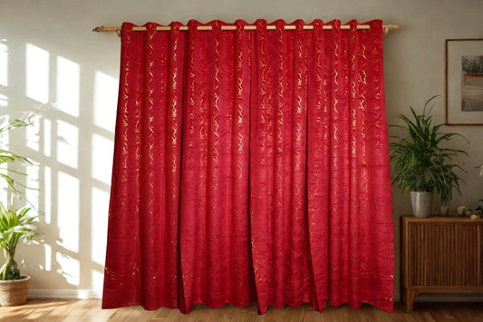 Red Velvet Curtain with Golden Foil Print – 4ft x 7.5ft, Pack of 2 (Buy 2 for a complete window look) - Homes and Company