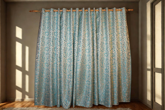 Turquoise Blue Jacquard Curtain | 70% Blackout | Pack of 2 | 4 x 7.5 Ft | - Homes and Company