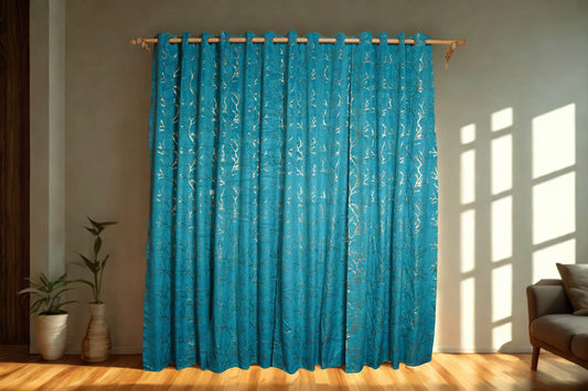 Turquoise Velvet Curtain with Gold Foil Print | Soft Finish | Pack of 2 - Homes and Company