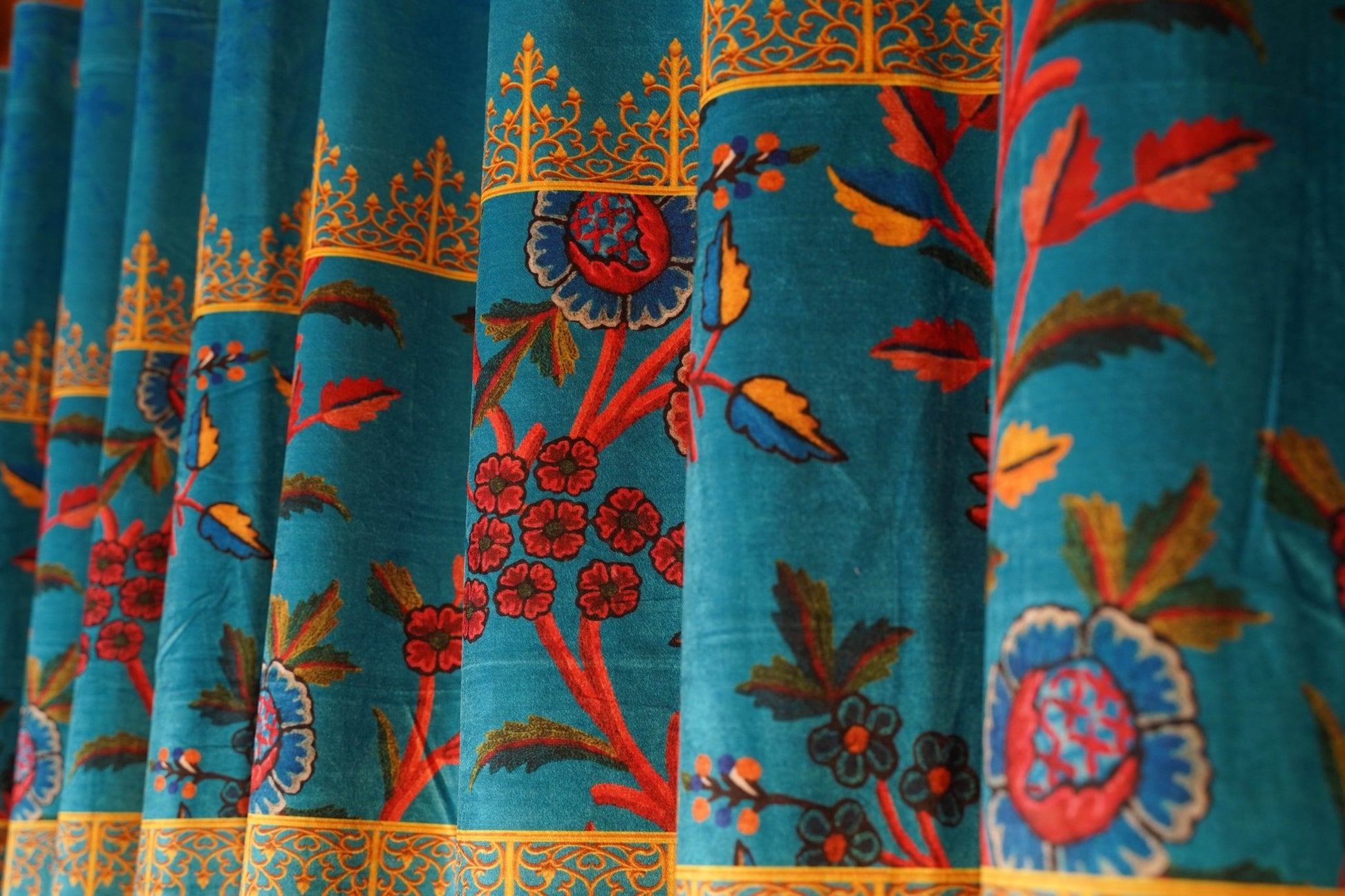 Turquoise Velvet Curtain with Multicolor Crewel Print – Pack of 2 - Homes and Company