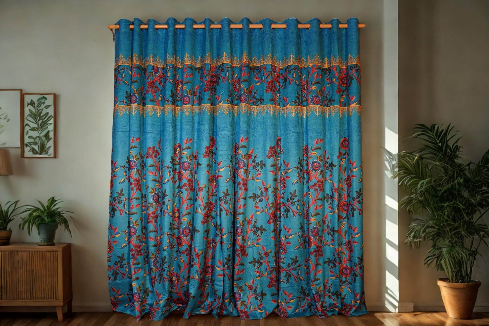 Turquoise Velvet Curtain with Multicolor Crewel Print – Pack of 2 - Homes and Company