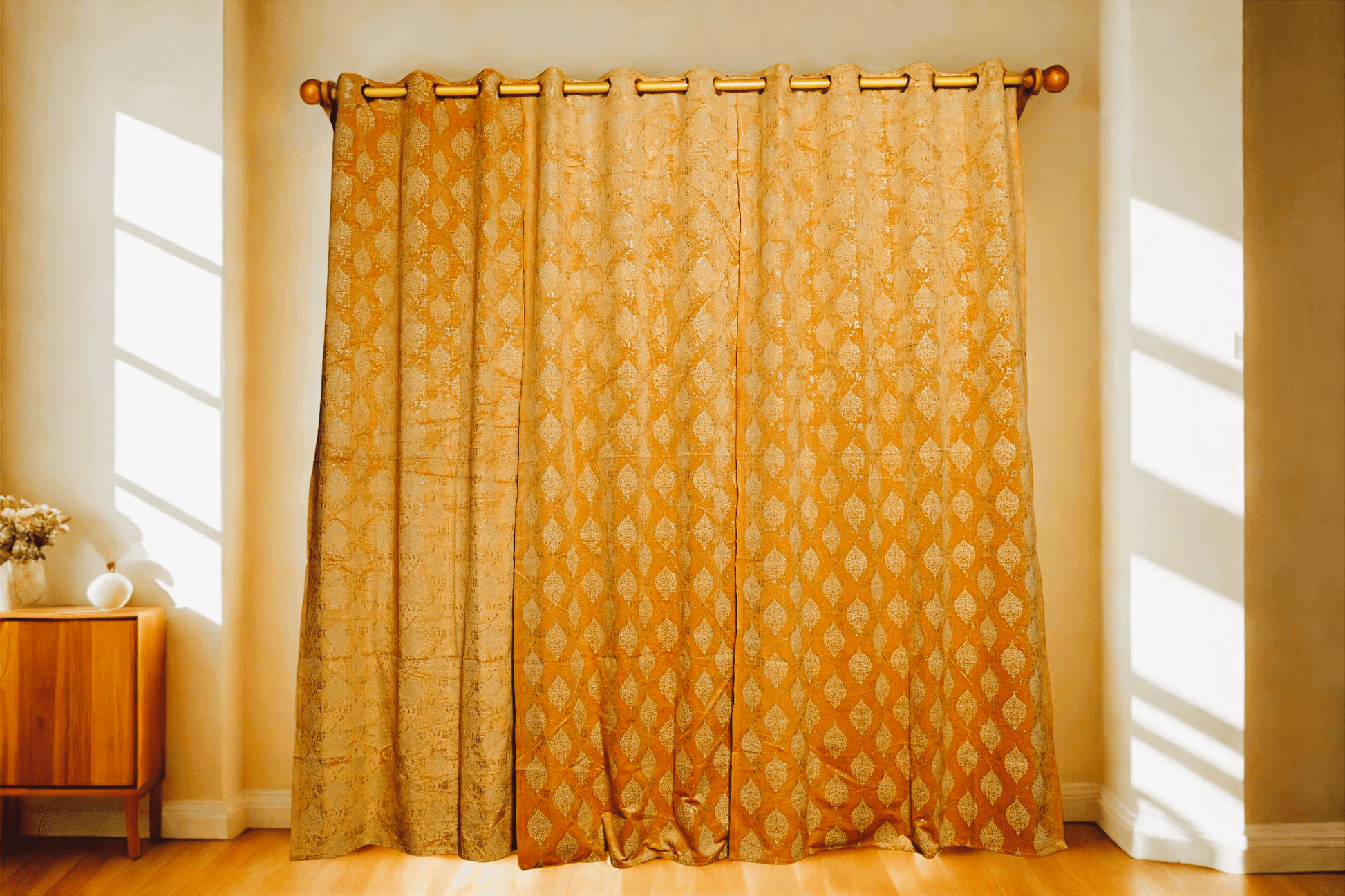 Velvet Curtain in Golden Color Damask Design - 4x7.5 Ft - Eyelet Hanging - |Pack of 2 - Homes and Company